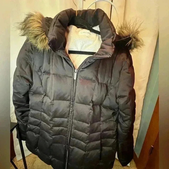 Calvin Klein Womens Down Coat Large Brown Fur Trim Hood Zip Pockets Full Zip - Picture 5 of 9